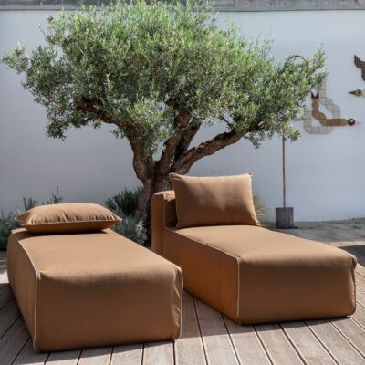 Méridienne d'extérieur avec et sans dossier, coussin inclus, fabriqué en acrylique teint, tissu déperlant et anti-UV, ligne OUTDOOR, Bed and Philosophy