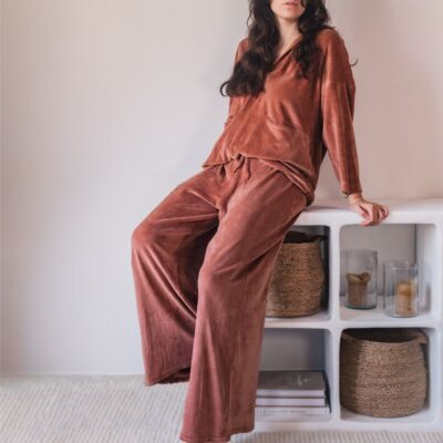 Vêtement d'intérieur en velours Sweat Câlin et pantalon Cocon coloris Cinnamon