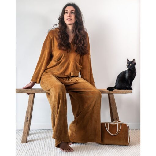 Vêtement d'intérieur en velours Sweat Câlin et pantalon Cocon coloris Miel