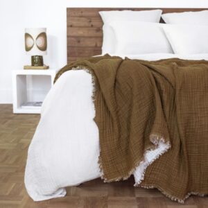 Linge de lit en gaze de coton, parure en coloris Plume et couvre lit Bronze