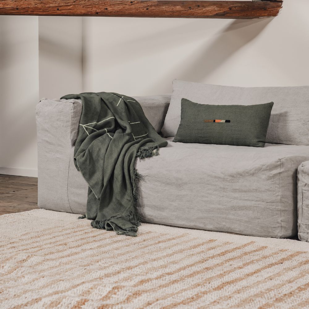 Plaid en lin à motif amérindien 130x230cm 2 Coussin BARY en lin coloris Tilleul thème AMERINDIEN