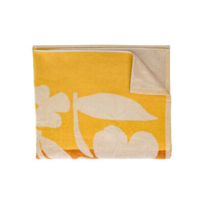 Serviette de bain ou de plage en éponge 550g à motifs fleuris ambiance 70s, DOLL, coloris Spritz, thème Tulum, de face