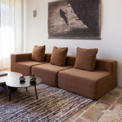 Canapé modulable en jacquard URBAN COIN et SOLO Cognac